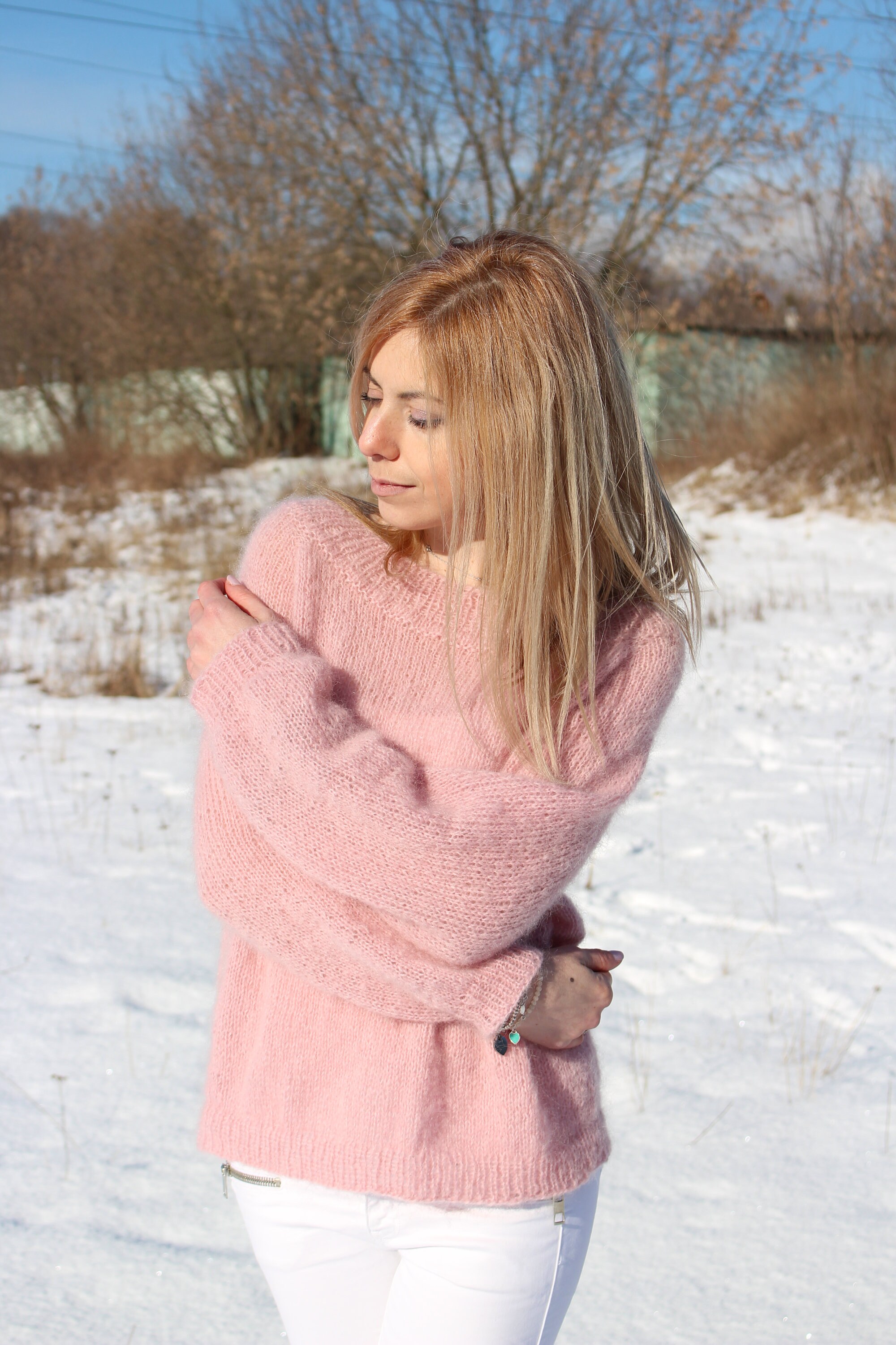 Light pink mohair sweater Oversized knitted pullover Basic Etsy