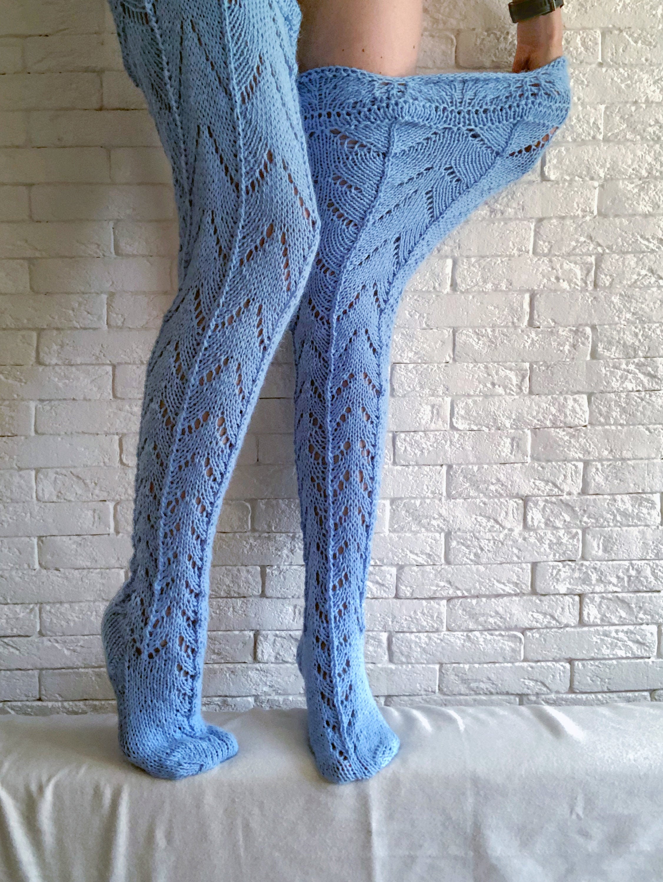 Real plus size thigh high socks Blue Cable knit knee highs Etsy