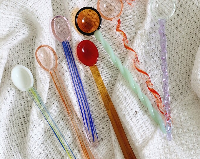 Handblown Glass Stirring Spoons, 4x Spoons Mixing Coffee Tea Drink