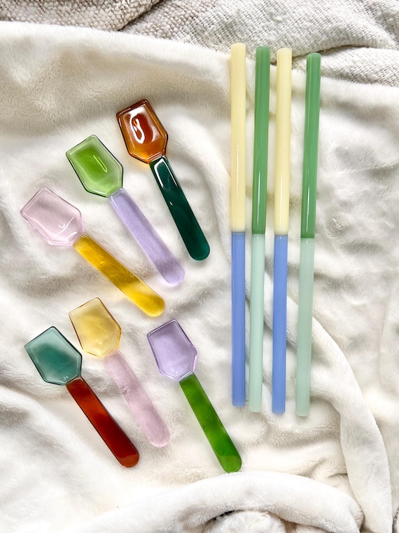 Handmade Glass Duo Tone Spoon and Straw Set, Ice Cream Spoon, Reusable Glass Straw, Glassware, Stirrer