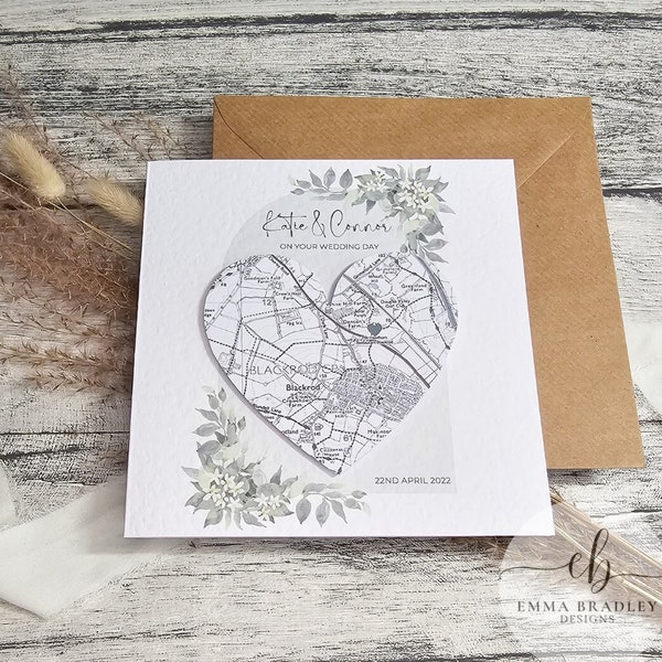 Personalised Location Map of Anywhere with Date Couple Wedding Engagement Anniversary, Greenery Eucalyptus, Neutral with optional Wax Seal
