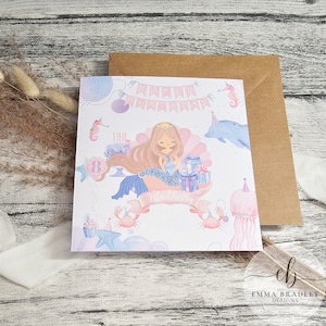 Carte d'anniversaire personnalisée pour enfants, sirène de l'océan, poisson tortue, thème de la mer sous-marine avec cachet de cire en option