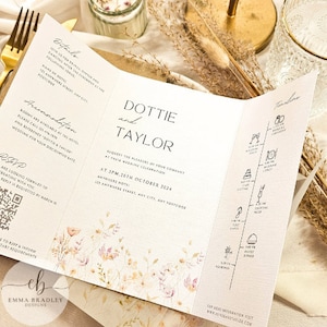 Colección de bodas Dottie 5'' X 7'', delicadas flores silvestres, invitación, reserva de fecha, menú, RSVP, diseño floral, sello de cera, funda de vitela