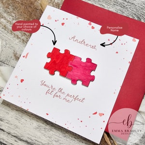 VALENTINSTAG Jahrestag Hochzeit Verlobung Puzzle Jigsaw Karte 'Perfect Fit For Me' mit Rot Rosa ODER Braunem Umschlag & Option Wachs Siegel
