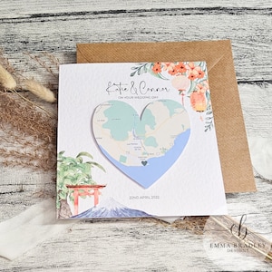 Personalised Location Map Japan China Bamboo with Date Couple Wedding Engagement Anniversary Invitation, Greenery Eucalyptus, Wax Seal