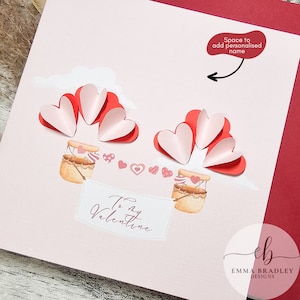 SAN VALENTINO Anniversario di matrimonio di Galentine Fidanzamento Cuore 3D Mongolfiera Biglietto con busta rossa rosa o marrone e opzione sigillo di cera