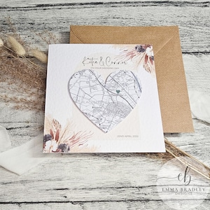 Carte de localisation personnalisée de n'importe où avec une date, faire-part de fiançailles de mariage pour un couple, cachet de cire naturel fleurs sauvages de la Pampas