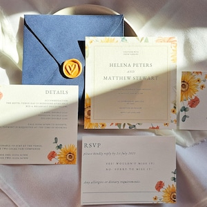 Colección de bodas Helena, sobre azul marino de 5 x 5 pulgadas, diseño floral de girasol, invitación, reserva de fecha, menú, RSVP, sello de cera