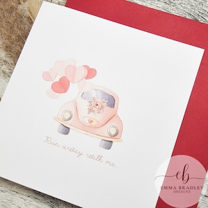 Tarjeta con globos para el Día de San Valentín, aniversario, boda, compromiso, coche, 'Run Away With Me', con sobre rojo, rosa o marrón y sello de cera opcional