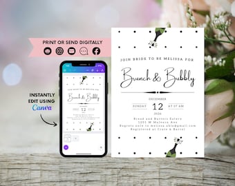 Sjabloon uitnodiging brunch en bubbels vrijgezellenfeest bewerkbaar op canvas, afdrukken of digitaal verzenden