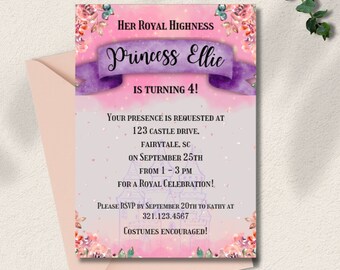 Modello modificabile di compleanno per biglietto d'invito per festa principessa Canva Invito per ragazze per festa per bambini Biglietto di compleanno glitter Invito glamour Principessa
