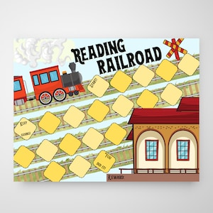 May include: A printable reading railroad game board featuring a red train, yellow squares, and a train station. The board reads "Reading Railroad" and includes the words "Start", "Keep Going", "You Did It", and "Reward".