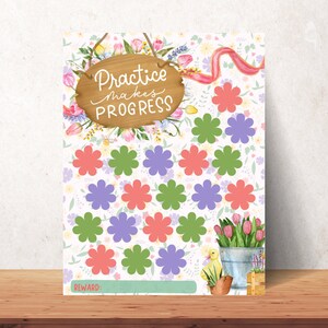 Può includere: Un grafico stampabile con uno sfondo floreale e un cartello di legno che dice "Practice makes progress". Il grafico ha 16 spazi a forma di fiore da colorare come sistema di ricompensa.
