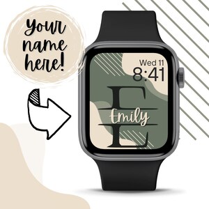 Könnte beinhalten: Eine schwarze Apple Watch mit einem grünen und beigefarbenen Zifferblatt. Das Zifferblatt hat einen großen Buchstaben "E" mit dem Namen "Emily" darunter. Die Uhrzeit ist 8:41 Uhr und der Tag ist Mittwoch, der 11.