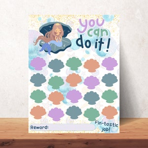 May include: A printable mermaid-themed reward chart with the text "You can do it!" and a mermaid sitting in a seashell. The chart has 25 spaces for stickers or other markers to track progress. The text "Fin-tastic job!" and "Reward:" are also included.