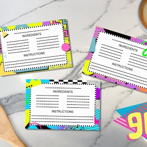 BEWERKBARE jaren 90 themaset van 3 receptkaarten voor- en achterkant Retro Neon receptkaarten jaren negentig geïnspireerd Canva sjabloonbundel