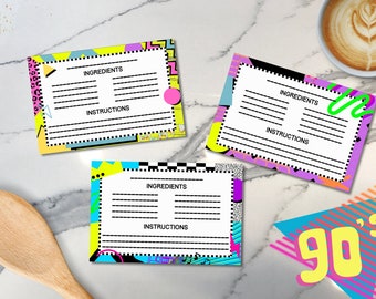 EDITABLE 90s Themed Set of 3 Recipe Cards Front and Back Retro Neon Recipe Cards Nineties Inspired Canva Template Bundle