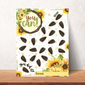Könnte beinhalten: Ein druckbarer Belohnungs-Chart zum Thema Sonnenblume mit dem Text "You can!" und "You did it!"  Der Chart hat einen Platz für eine Belohnung unten und einen Weg aus Sonnenblumenkernen, die abgehakt werden können, wenn ein Kind Aufgaben erledigt.