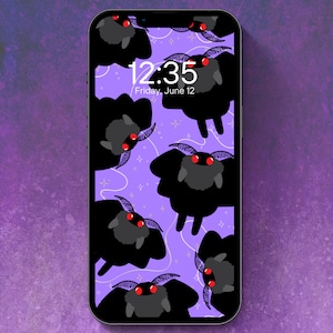 May include: A purple phone screen with a black and white pattern of moths with red eyes. The time is 12:35 and the date is Friday, June 12.