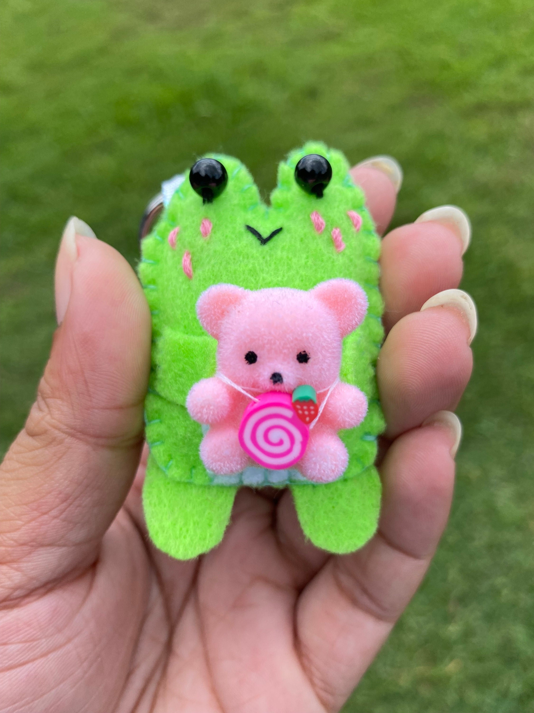 Cute Froggie and Cute Duck Holding Fuzzy Teddy Bear Handmade Felt
