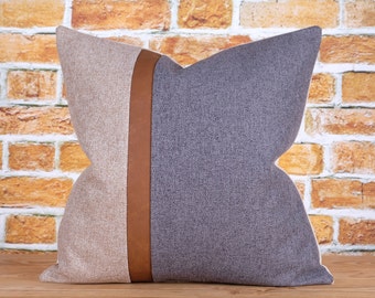 Faux Leather Accent Textured Color Block Throw Pillows Covers Gray and Tan  Cushion Cover Cognac Brown Stripe Euro Sham ANY SIZE