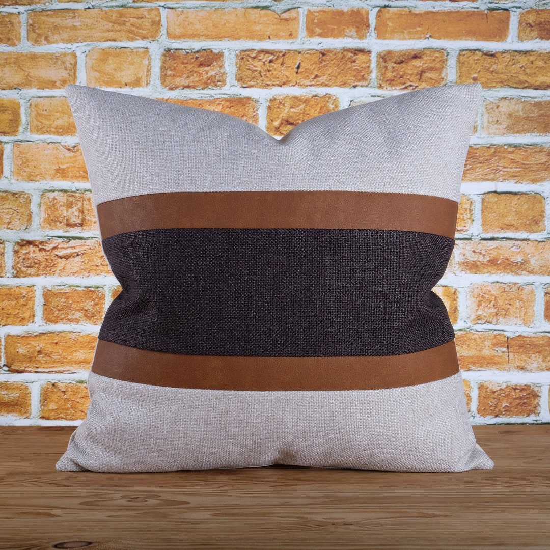 Faux Leather Color Block Throw Pillows Covers Mid Century Etsy