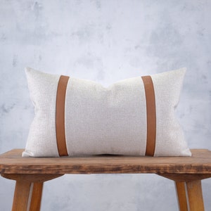 Faux Leather Accent Striped Lumbar Pillow Cover Light Beige Textured Fabric Cognac Brown Stripe Pillows Shams Euro Sham