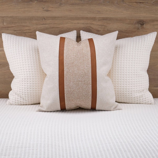 Cognac Faux Leather Accent Color Block Pillows Covers Euro Sham Off White Beige and Tan Brown Stripe Cushion Case ANY SIZE