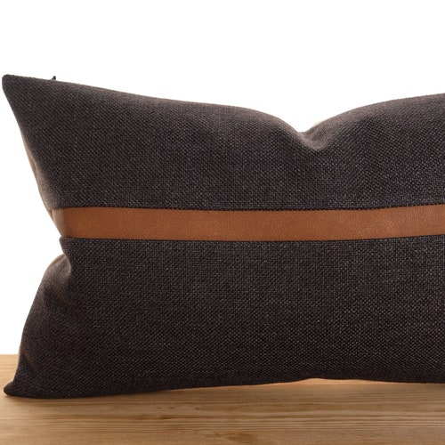 Camel Faux Leather Accent Dark Gray Lumbar Throw Pillow Etsy