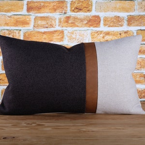 Faux Leather Color Block Lumbar Throw Pillows Covers Charcoal Dark Gray and Ivory Beige Cushion Cover Cognac Brown Stripe ANY SIZE