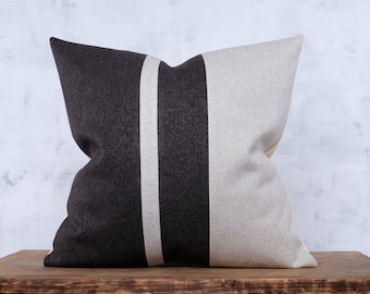 Contemporary Decorative Pillow Cover, Charcoal Beige Textured Cushion Case