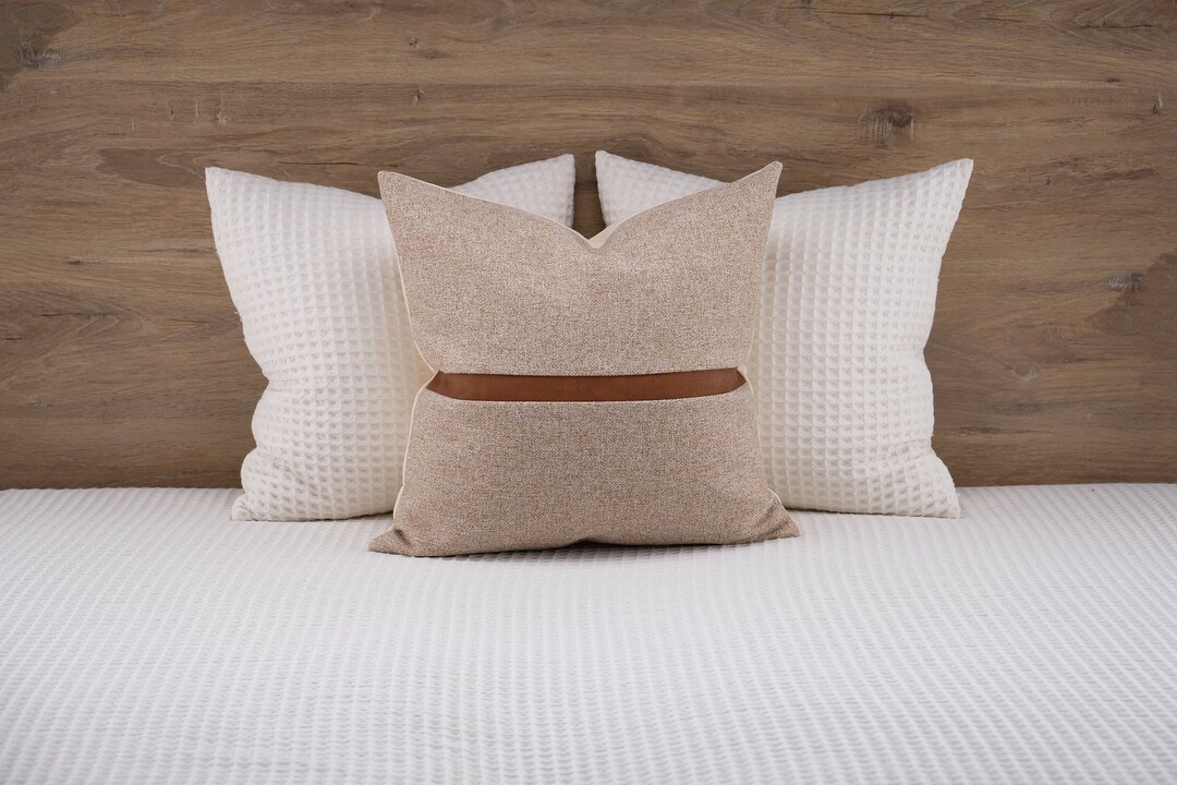 Cognac Faux Leather Accent Tan Brown Striped Pillow Covers Textured