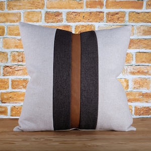 Cognac Faux Leather Stripe Charcoal Dark Gray & Ivory Beige Cushion Cover Color Block Throw Pillows Covers Textured Pillow Case ANY SIZE