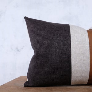 Faux Leather Color Block Lumbar Pillow Cover Mid Century Modern Boho Decor Pillows Covers Cognac Brown Charcoal Beige Striped Cushion Case image 3