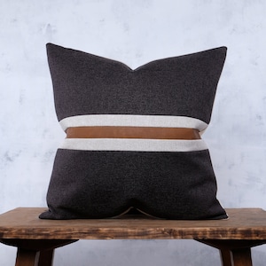 Faux Leather Color Block Pillow Cover, Charcoal Black and Beige Cushion, Modern Throw Pillow for Sofa Couch Bed, Neutral Mid-Century Decor