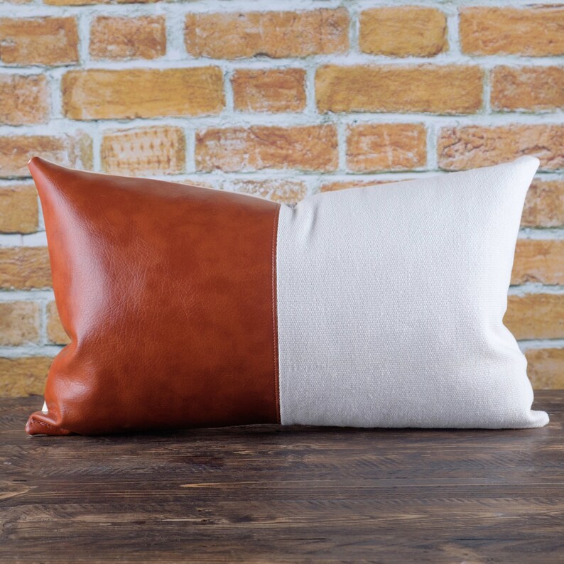 Faux leather color block pillow cover Rust and cream cushion Etsy