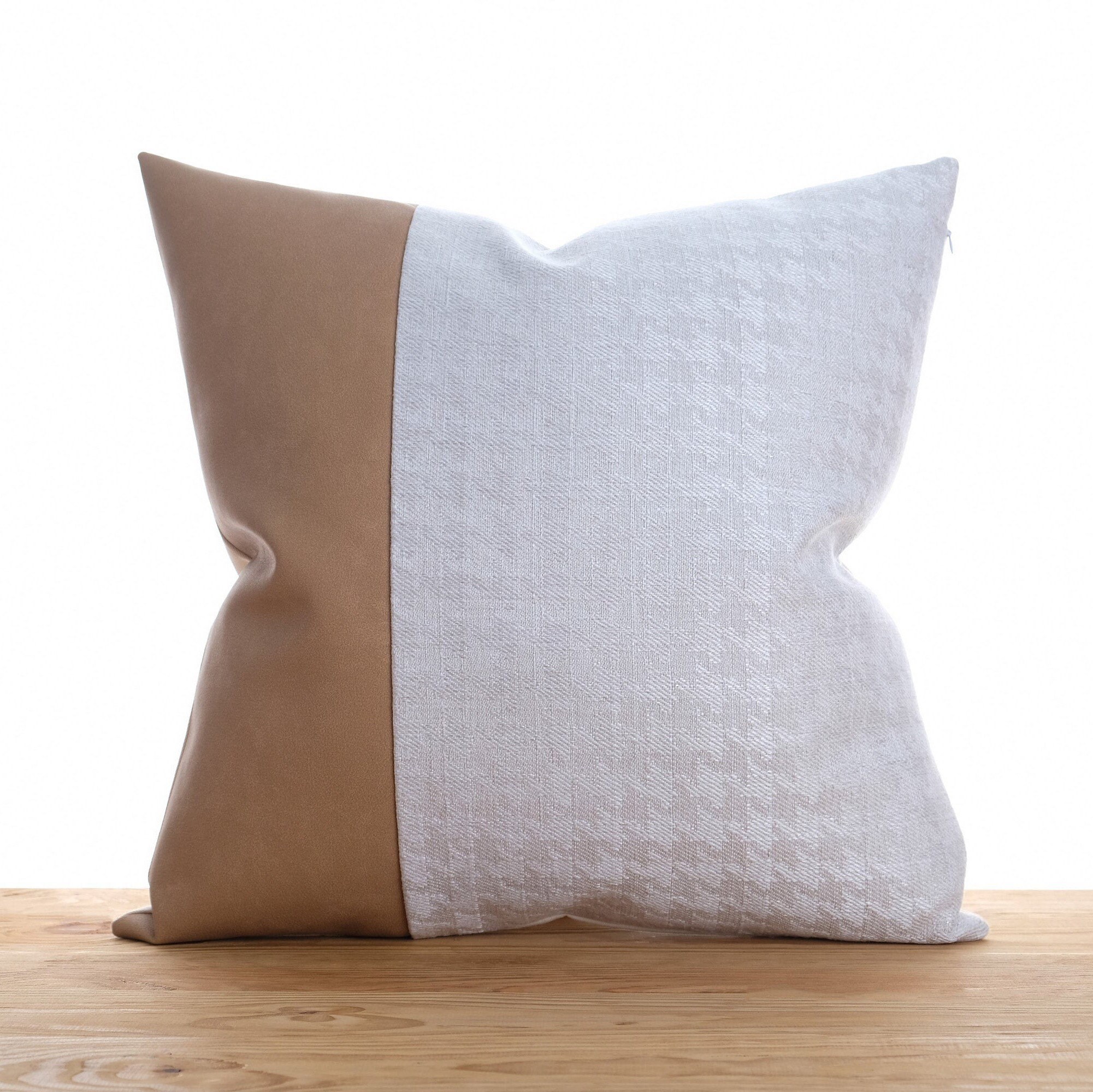 Offwhite and Tan Pillow Cover Camel Faux Leather Accent Etsy