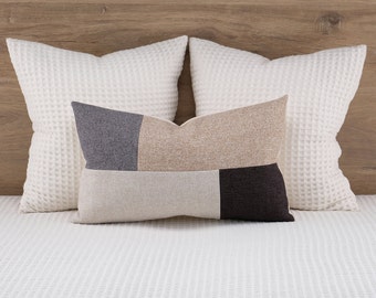 Modern Color Block Lumbar Pillow Cover Charcoal Beige Tan Gray Woven Cushion Covers Textured Shams ANY SIZE