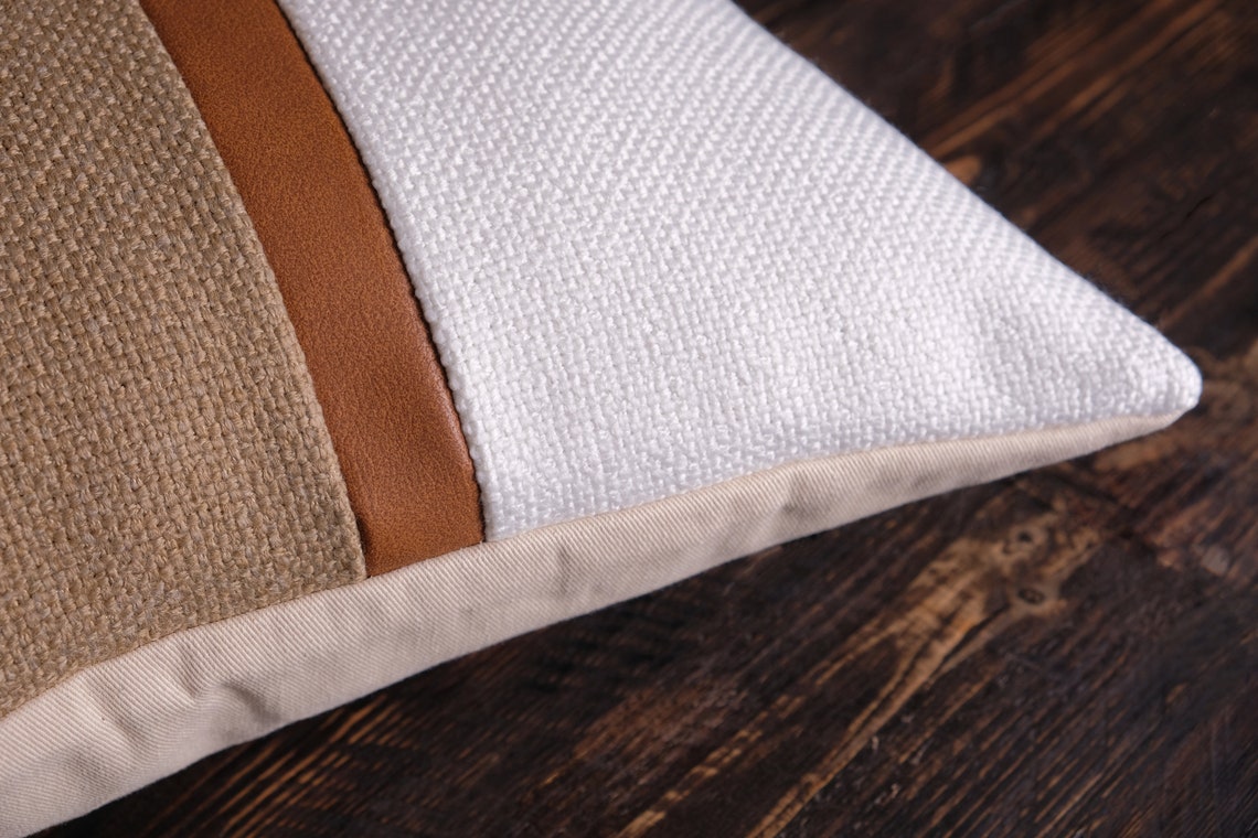 Cognac Stripe Faux Leather Accent Textured Pillow Covers Etsy