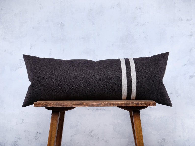 Large Charcoal Black Lumbar Pillow Cover Extra Long Striped Etsy