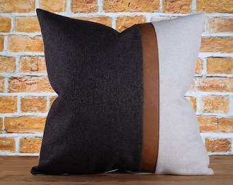 Faux Leather Accent Textured Color Block Pillow Cover Charcoal Dark Gray Beige Cognac Brown Stripe Woven Euro Sham ANY SIZE
