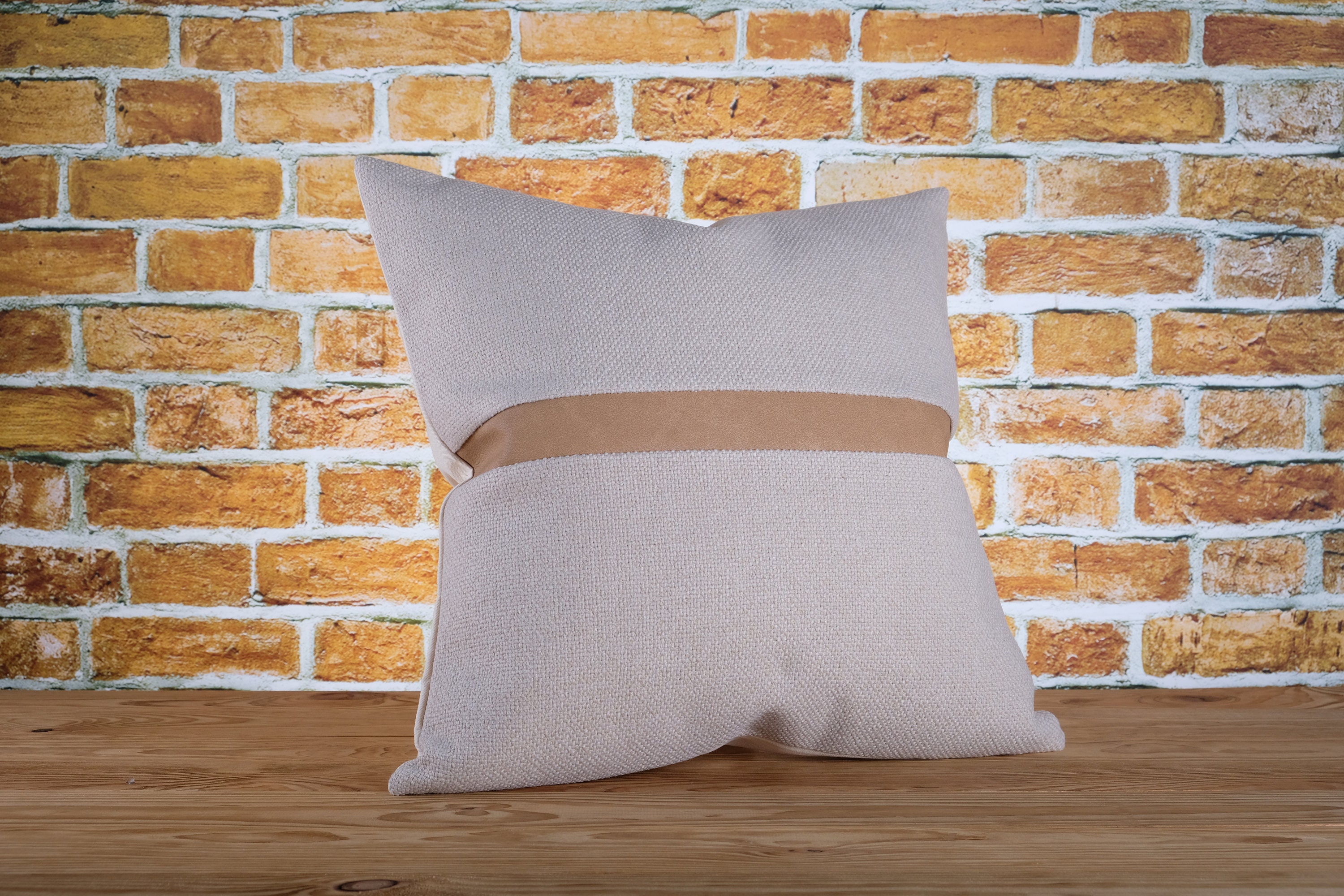 Camel faux leather accent Beige textured pillow case Etsy
