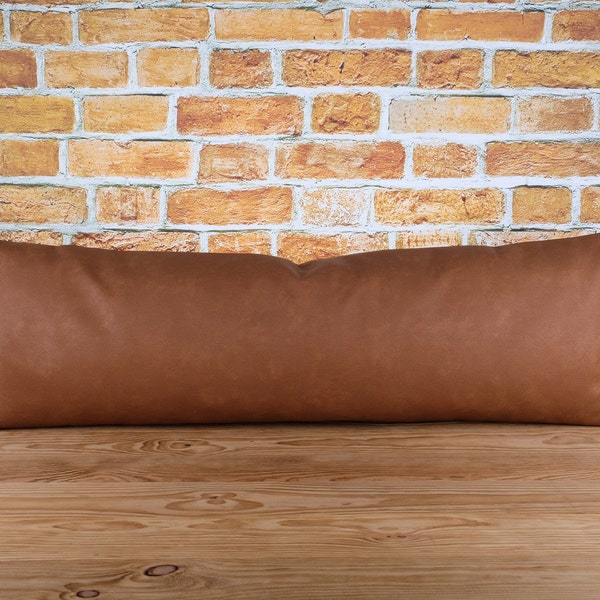 Faux Leather Extra Long Lumbar Throw Pillow Cover Cognac Brown Cushion Covers Oversized Pillow Case Large Bolster Body Pillows Cases