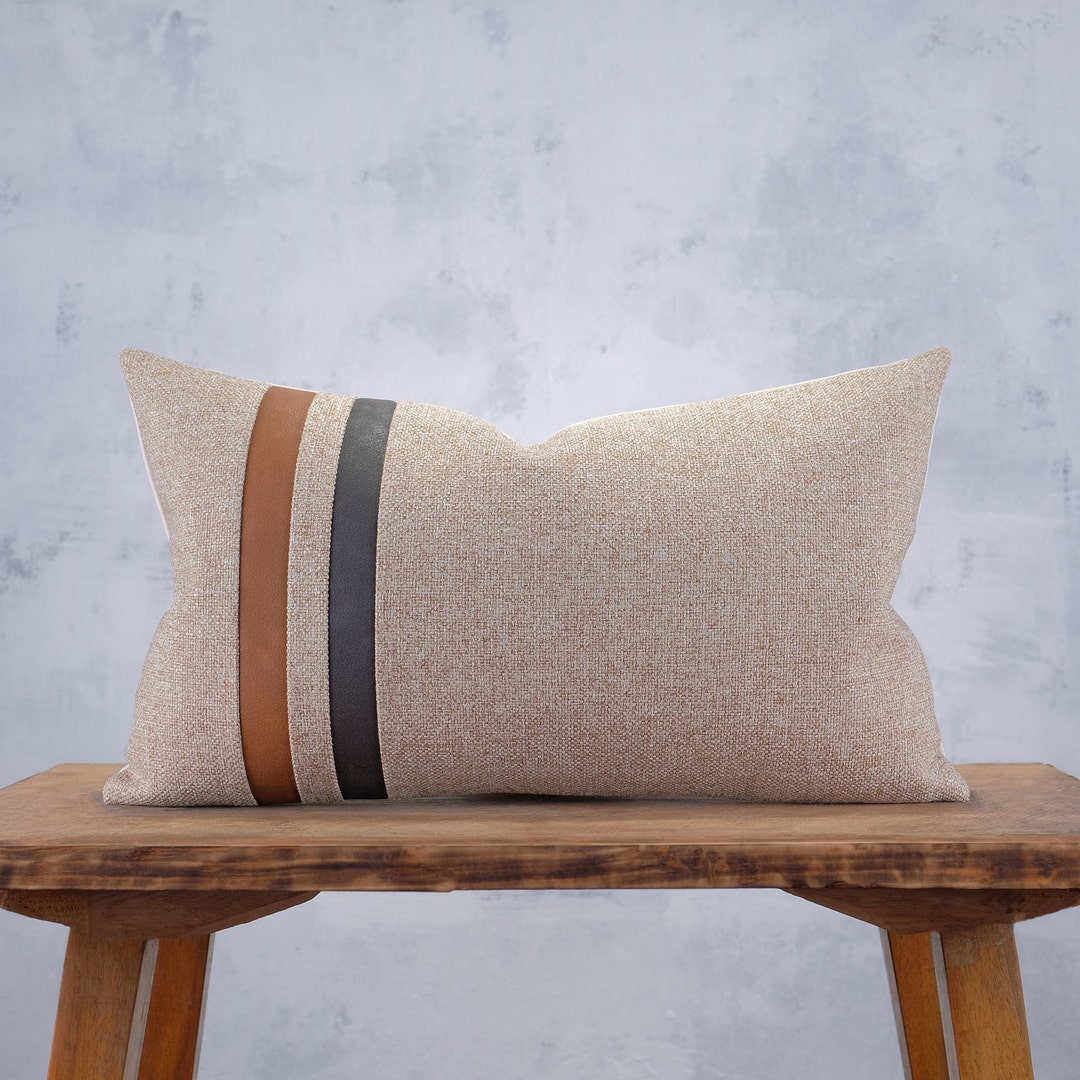 Camel Tan Lumbar Pillow Cover Faux Leather Accent Striped Cushion