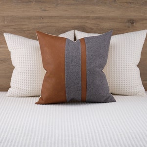 Faux Leather Color Block Pillow Covers Cognac Brown and Gray Pillow Case Grey Textured Euro Sham Cover ANY SIZE