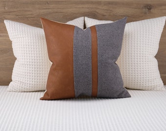 Faux Leather Color Block Pillow Covers Cognac Brown and Gray Pillow Case Grey Textured Euro Sham Cover ANY SIZE