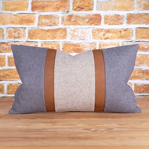 Faux Leather Textured Color Block Lumbar Throw Pillows Covers Gray and Tan Cushion Cover Cognac Brown Stripe Euro Sham ANY SIZE