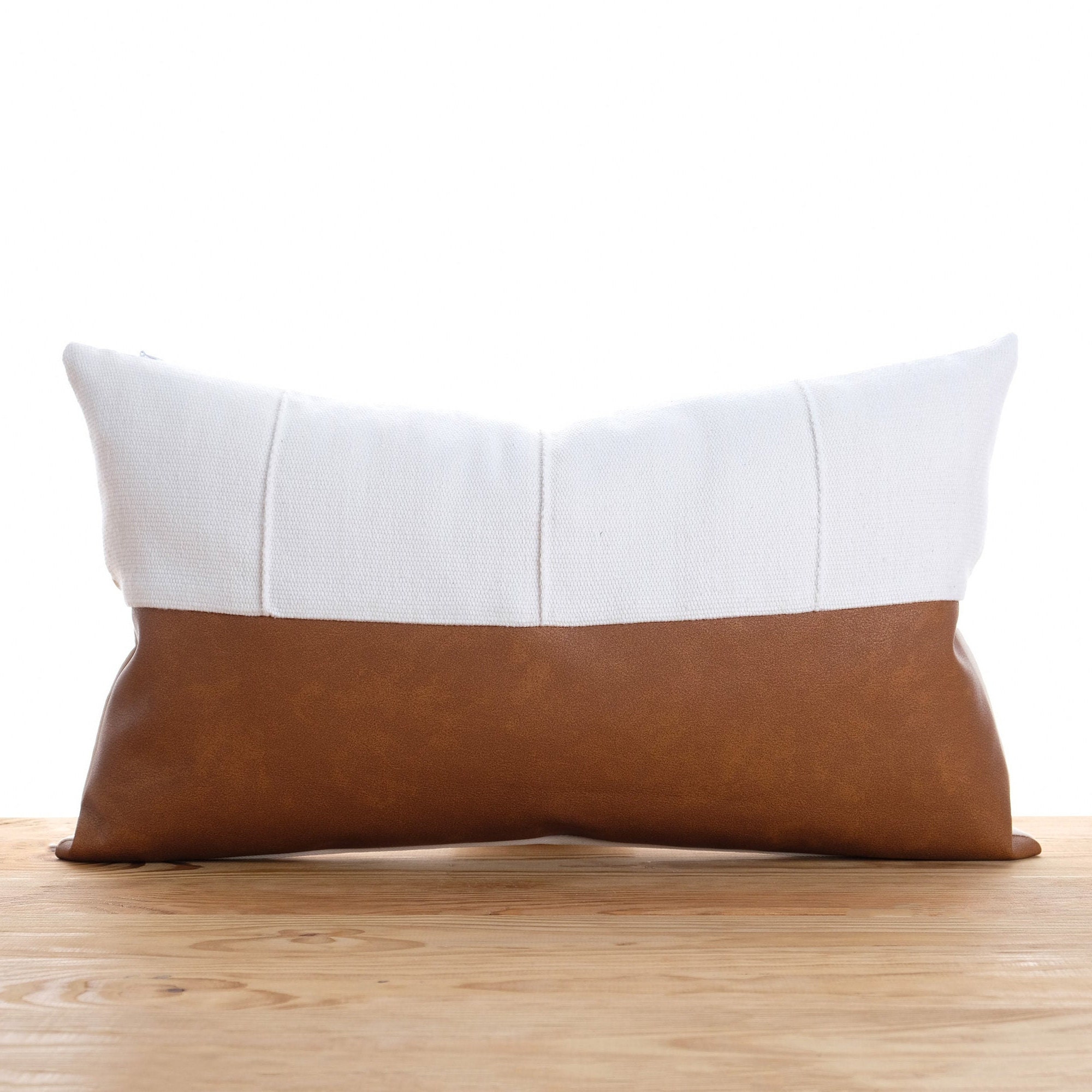 Faux leather accent Off white and cognac lumbar throw pillow Etsy