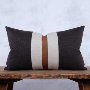 Copricuscino lombare in similpelle con blocchi di colore, stile Mid Century Modern Boho, copricuscini, colore: marrone cognac, antracite, beige, a righe