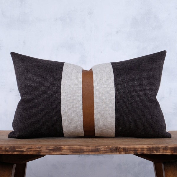 Faux Leather Color Block Lumbar Pillow Cover Mid Century Modern Boho Decor Pillows Covers Cognac Brown Charcoal Beige Striped Cushion Case